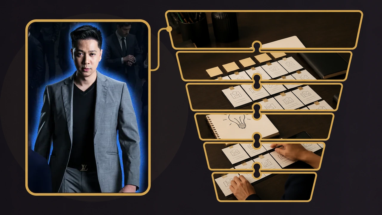 ภาพ A10 ตัวจริงเชื่อมกับกรอบคอนเทนต์แบบ Jigsaw ที่ไล่จากกว้างลงมาแคบเป็น Content Funnel